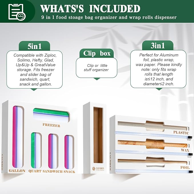 Calmbee 9 in 1 Bamboo Storage Bag Organizer for Kitchen Drawer – Plastic Wrap Dispenser with Cutter & Foil Organizer, Wooden Baggie Organizer for Sandwich, Snack, Gallon, Quart Sizes, White