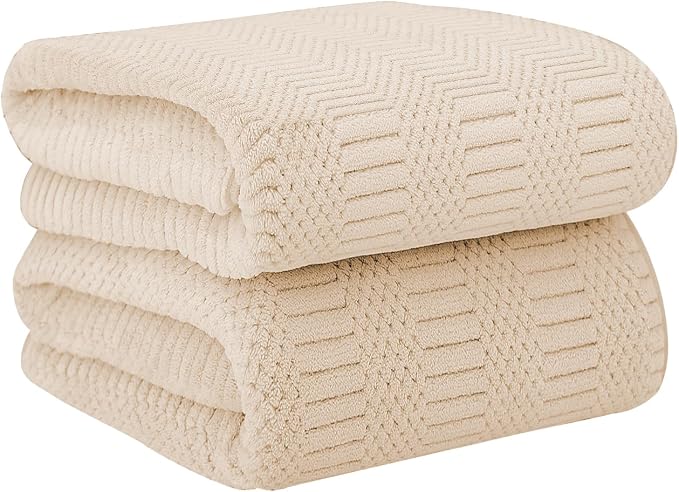 JML Microfiber Bath Towels, Camel, 30" x 60", Set of 2 | Hanging Hook, Lint Free, Oversized, Soft, Super Absorbent, Fast Drying, Use for Sport, Fitness, Yoga, Diamond Cross Grid