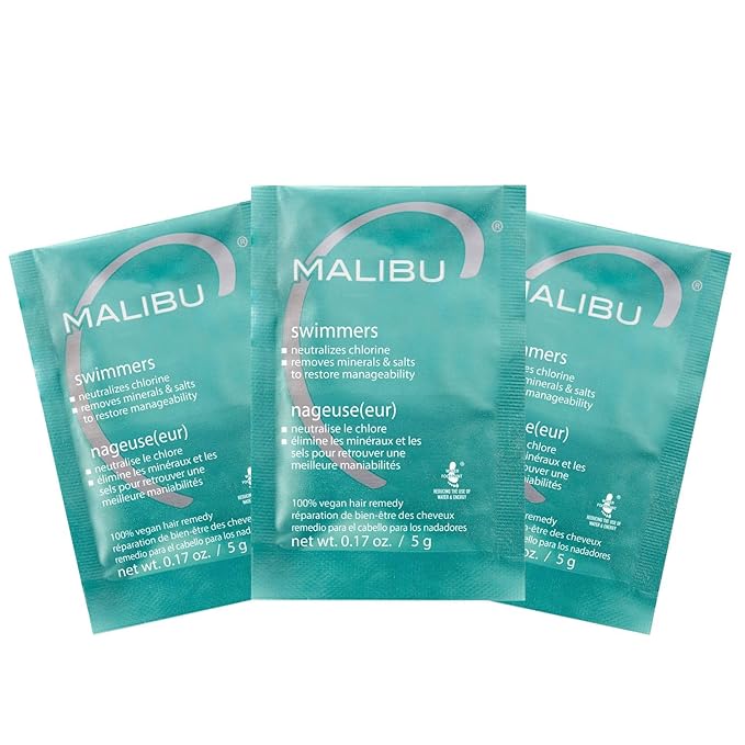 Malibu C Swimmers Wellness Remedy & After Pool Hair Care - Restoring & Hydrating Swim Treatment with Vitamin C Complex - Protects Against Discoloration from Chlorine, Salt Water & Build Up (3 Packets)