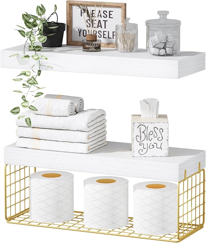 QEEIG Bathroom Shelves Over Toilet - Wall Mounted Floating Shelves Toilet Paper Storage Small Modern Decor Shelf 16 inch Set of 2, White and Gold (019-WG2)