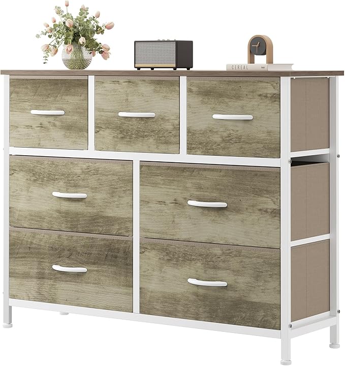 Sweetcrispy 7 Drawer Dresser with Fabric Bins, Fabric Storage Tower Organizer for Bedroom, Closet, Hallway, Entryway, Tall Chest of Drawers with Steel Frame, Wood Top, Large Storage, Greige Oak