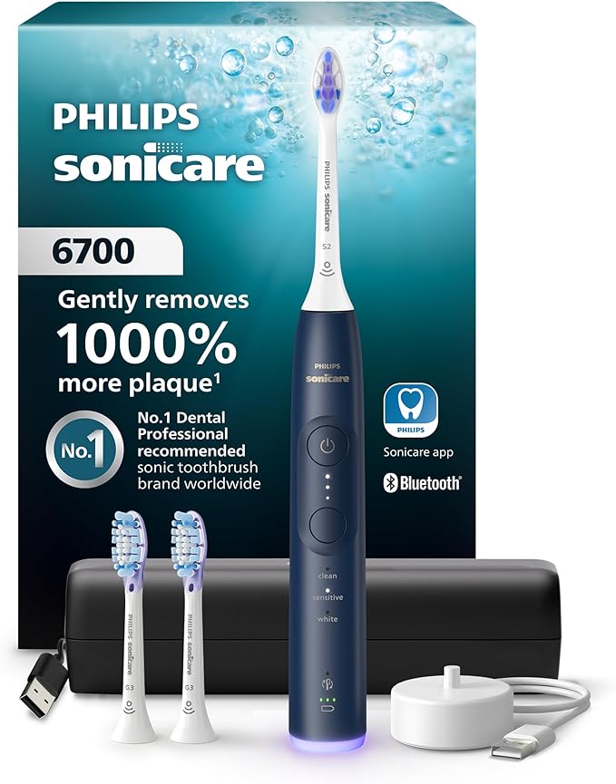 Philips Sonicare 6700 Series Electric Toothbrush, Pressure Sensor, 9 Brushing Settings, SmarTimer, BrushPacer, 21-Day Runtime, Travel Case, for Gum Health & Sensitive Teeth, Navy Blue, HX7413/05