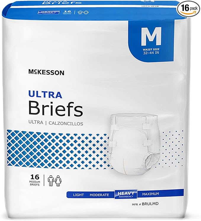 McKesson Ultra Briefs, [16 Count], Size M, 32-44 in. Incontinence Adult Diapers, Heavy Absorbency, Unisex, Disposable, Elastic Leg Gathers and Contoured Fit for Men and Women