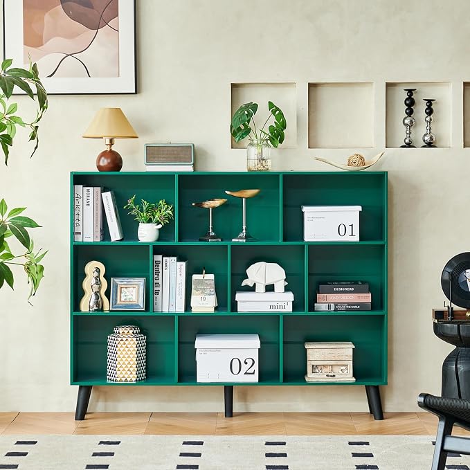 LEYAOYAO 10 Cube Bookshelf,Mid-Century Modern Bookcase with Legs,Dark Green | 3 Tier Book Shelf, 55" Wide Rustic Wood Bookshelves Large Storage Organizer, Open Shelves for Bedroom, Living Room, Office