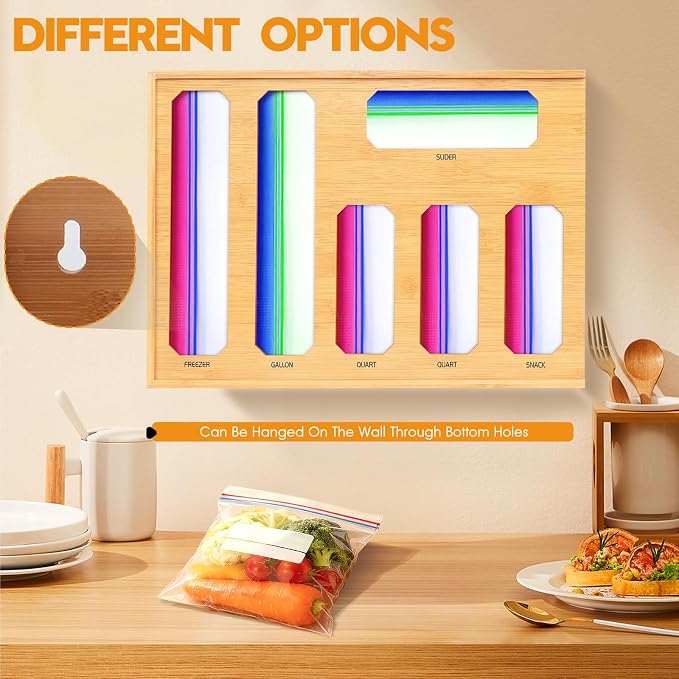 Bamboo Ziplock Bag Organizer for Kitchen Drawer & Wall Mount, Food Storage Baggie Holder, Fits Gallon Quart Sandwich Snack Freezer & Slider Bags, No Assembly, 6 in 1,Natural Color