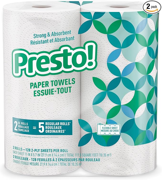 Amazon Brand - Presto! Flex-a-Size Kitchen Paper Towels, 2-Ply, Strong and Absorbent, 128 Sheet Family Roll, 2 Rolls