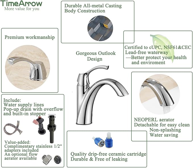 TimeArrow Chrome Bathroom Faucet, Single Handle Bathroom Sink Faucet for 1 Hole with 3 Holes Deck Plate, Lavatory Vanity Faucets, Pop Up Drain and Water Supply Lines Included, TAF206-CP