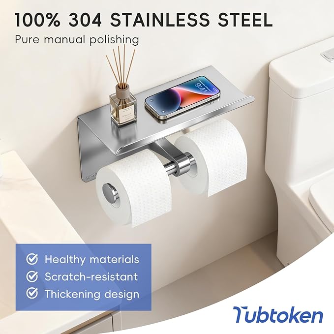 4 Pack Double Toilet Paper Holder with Shelf, Wall Mount Tissue Roll Holder for Bathroom, Heavy Duty 304 Stainless Steel Commercial Toilet Paper Dispenser with Phone Shelf - Brushed Nickel