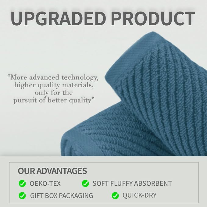 VOOVA & MOVAS 3PC Towel Set, 100% Cotton, Labrador Blue | 1 Large Bath 30x56 In, 1 Hand 18x28 In, 1 Wash Cloth 13x13 In, Quick Dry, Soft, Thick, Bathroom Essentials