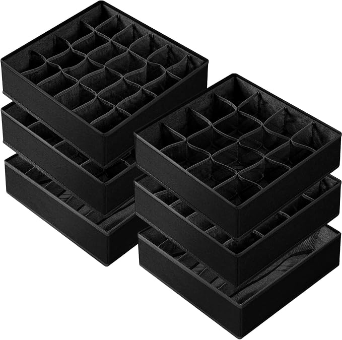 Criusia 6 Pack Sock Underwear Drawer Organizer Dividers - Dresser Organizer for Baby Clothes - Closet Organizers and Storage for Bedroom Essentials for Dorm Room/New Home/Apartment (Black)