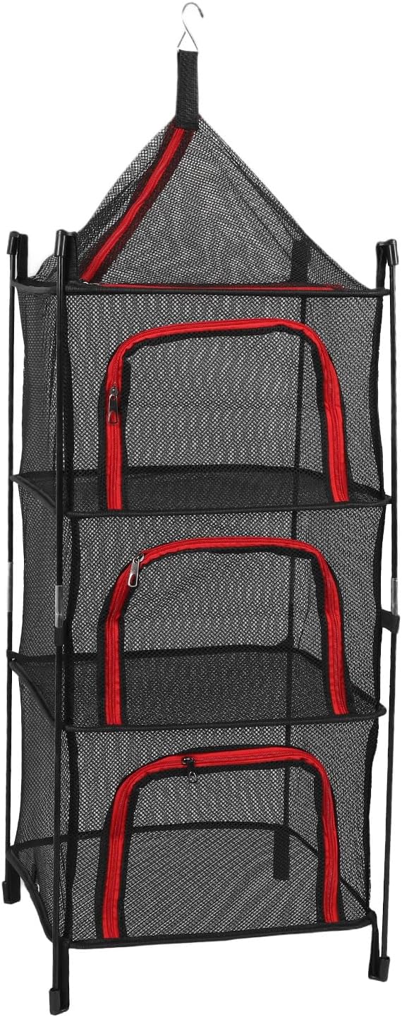 Aramox 4 Layer Hanging Drying Mesh Foldable Thickened Mesh Laundry Net for Clothes Fish Drying with Sturdy Hanging Design for Outdoor Camping Travel Household Storage Basket (Red)