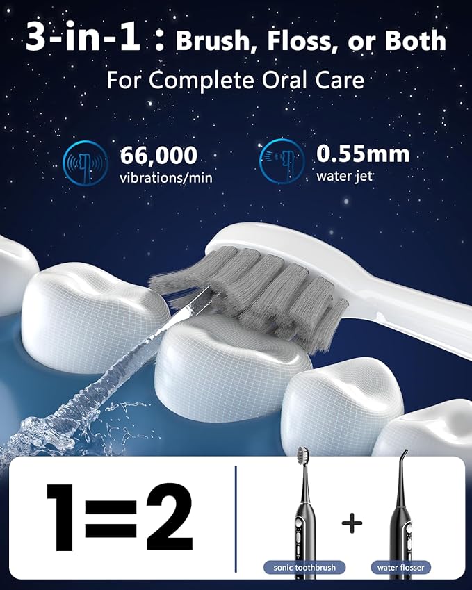 Electric Toothbrush with Water Flosser, 3-in-1 Sonic Brush & Oral Irrigator Combo for Adults, Cordless Brush & Floss System with 5 Brush Heads, 3 Modes, 30-Day Battery, for Braces & Sensitive Gums
