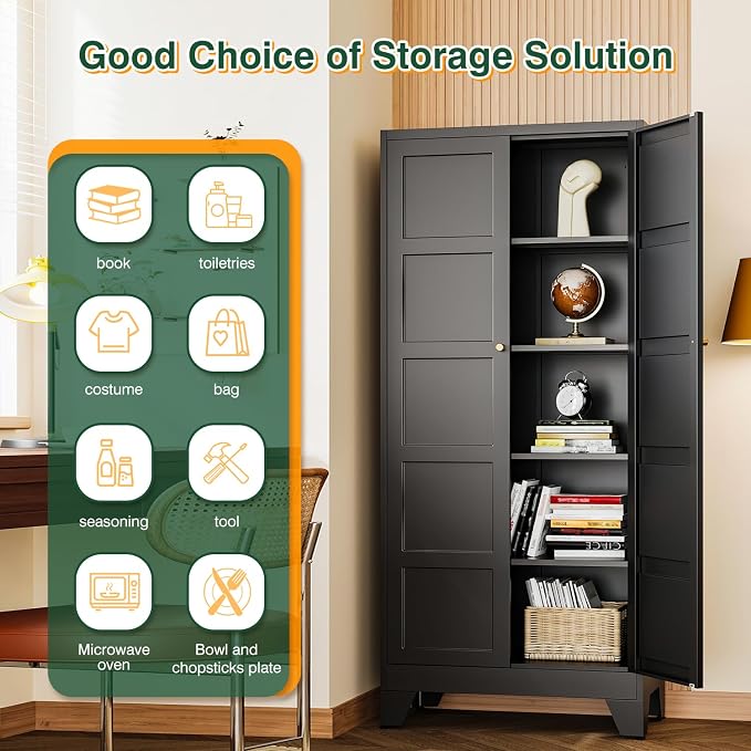 71" H Metal Storage Cabinet with 2 Doors and 4 Shelves,Tall Kitchen Pantry Cabinets,Utility Pantry Organizers for Cupboard/Dining/Bathroom/Home Office/Garage (Black, 71" H x 16" D x 32" W)