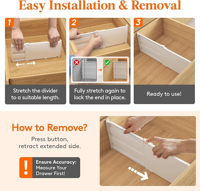Lifewit 8" Tall 4 Pack Drawer Dividers, 13.8"-22.2" Adjustable Deep Drawer Organizer Clothes, Expandable White Plastic Separators for Dresser, Kitchen, Cabinet, Closet, Office Organization & Storage