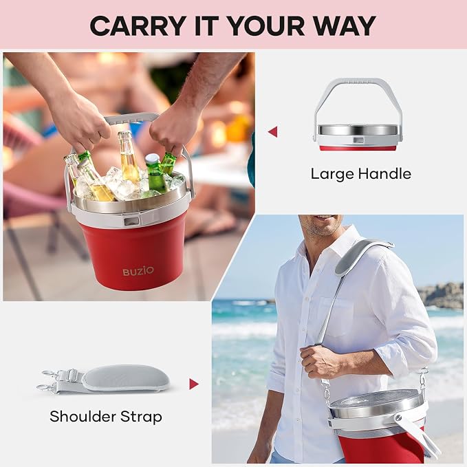 BUZIO 7.4 Qt/7 L Double Wall Insulated Ice Bucket with Lid Scoop & Tongs | Stainless Steel Beer Bucket for Party Cocktail Bar Champagne, Adjustable Shoulder Strap, Holds 6 Longnecks or 3 Wine Bottles