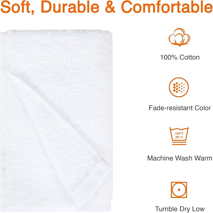 Amazon Basics Soft and Thick Cotton Hand Towels for Gym, Quick Drying, 16 x 26 in, White, 24-Pack