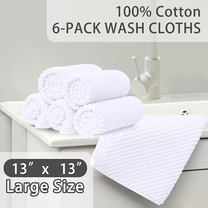 VOOVA & MOVAS White Washcloths 6PC, 100% Cotton, 13x13 in | Quick Dry, Thick, Soft, Absorbent, Hand Towels For Face & Body, Towel Gift Set, Perfect For Bathroom, Gym, Spa