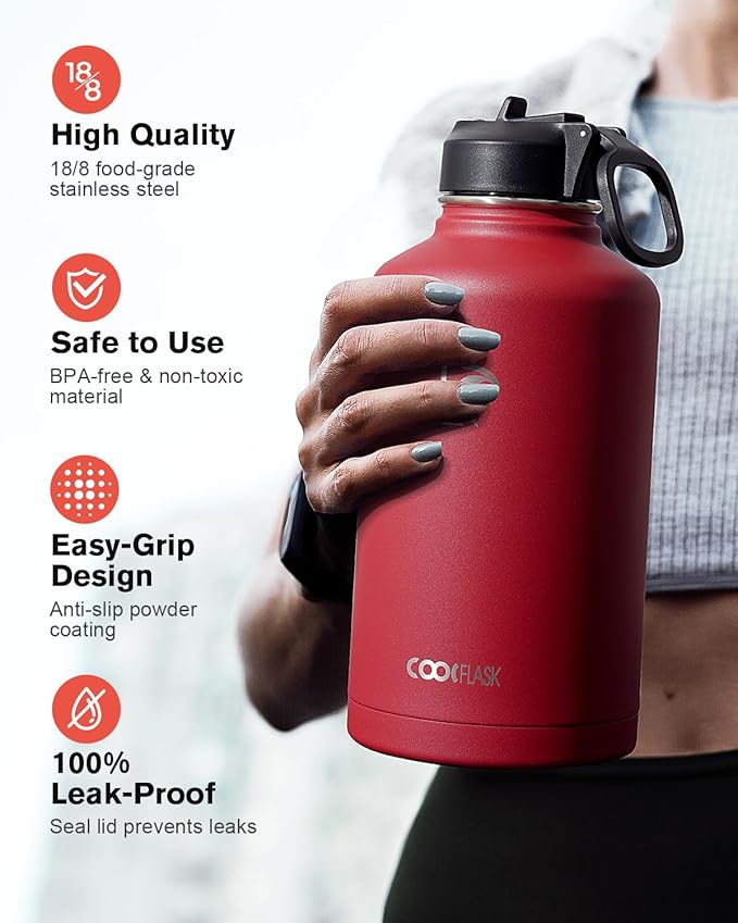 Coolflask Half Gallon Water Bottle Insulated with Straw & 3 Lids, 64 oz Water Jug Large Metal Stainless Steel Wide Mouth for Sports, Gym or Office, Non-BPA Keep Cold 48H Hot 24H, Red
