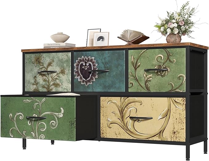 OLIXIS 5 Drawer Dresser for Bedroom, Storage Organizer Unit for Closet | Chest of Drawers for Clothes Storage with Bins, Wide Fabric Bedroom Dresser, Wooden Top, Living Room, Flower
