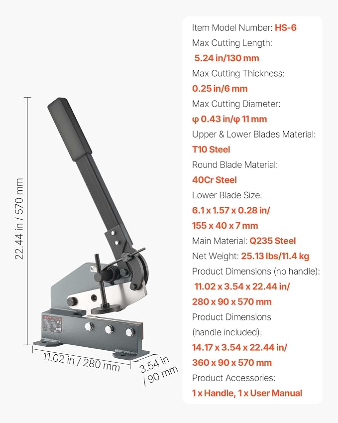VEVOR Sheet Metal Shear, 6 in Manual Hand Plate Shear, Heavy Duty Mounting Type Sheet Cutter with Solid Steel Frame, High Precision, Extended Handle for Cutting Steel, Copper, Rebar, and Aluminum