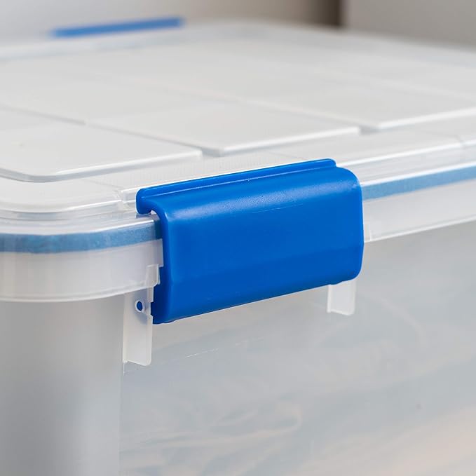IRIS USA 4-Pack 26.5/44 Combo Qt Storage Bins with Gasket Lids, Clear/Blue | WeatherPro seal helps block dust and moisture Multiple sizes organize every room with confidence