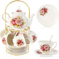 Zhehao 20 Pcs Porcelain Tea Set with Metal Holder and Spoon Adult Ceramic Tea Set European Flower Painting Teapot Cup Saucer Spoon for Women Mom Gift, Large Version (Modern Style)