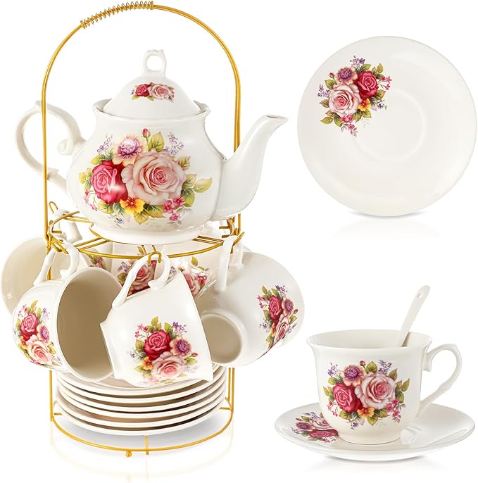 Zhehao 20 Pcs Porcelain Tea Set with Metal Holder and Spoon Adult Ceramic Tea Set European Flower Painting Teapot Cup Saucer Spoon for Women Mom Gift, Large Version (Modern Style)