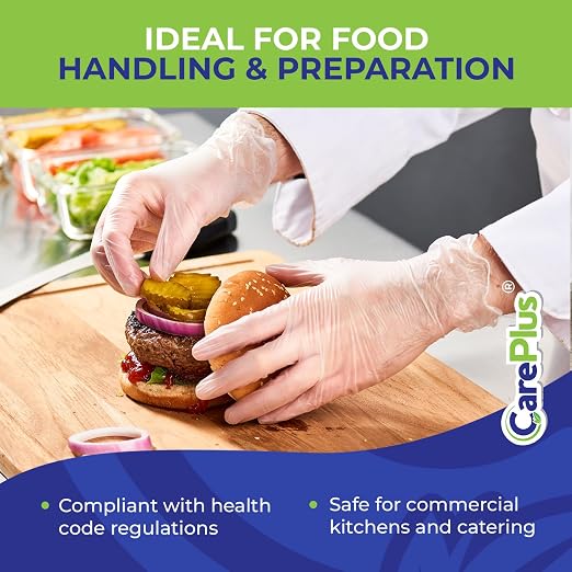 CARE PLUS Latex-Free Vinyl Gloves Clear Small Size 100 Count | Heavy Duty, Non-Sterile, Powder-Free, Rubber | Food Prep, Kitchen & Cleaning Gloves, Ideal for Professional Use
