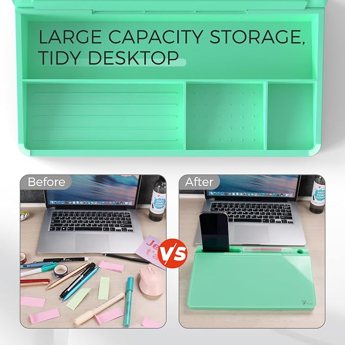 TOWON Small Compact Glass Desktop Whiteboard with Storage – 12 x 7 in Dry Erase Board for Desk, Home Office, School | Includes 5 Markers, Eraser & Holder | Space-Saving Organizer, Aesthetic Mint Green