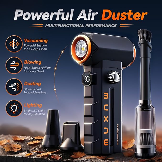 MUXNW 130000RPM 2-in-1 Blower & Vacuum Electric Air Duster | 2-in-1 blow&vac washable filter overclock130kRPM 100-speed digital display LED light nozzle&filter 8000mAh PC/car/home