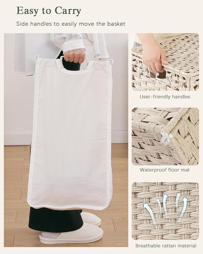 SETVSON Laundry Hamper with Lid PE Rattan Laundry Basket, Light Khaki | Decorative Furniture Look for Bathroom & Bedroom, 2-Section Large Wicker Hamper, 2 Cloth Bags, 6 Mesh Bags Included