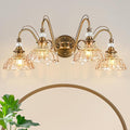 Vintage Bathroom Vanity Light, 4-Light Matte Antique Brass Finish Wall Sconce with Hanging Crystal Accents and Flower-Shaped Amber Glass Shades, Retro Wall Mount Vanity Light Over Mirror for Bathroom