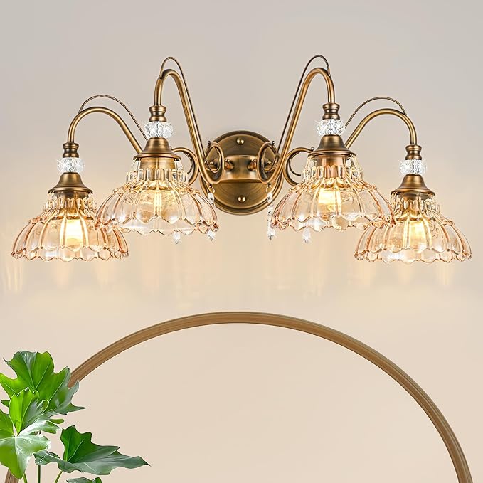 Vintage Bathroom Vanity Light, 4-Light Matte Antique Brass Finish Wall Sconce with Hanging Crystal Accents and Flower-Shaped Amber Glass Shades, Retro Wall Mount Vanity Light Over Mirror for Bathroom