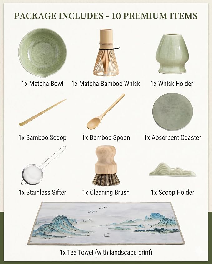 Matcha Whisk Set, Traditional 10 Pcs Set - 450ml Matcha Bowl and Whisk, Whisk Holder, Bamboo Scoop & Spoon, Matcha Sifter, Scoop Holder, Silicone Coaster, Tea Brush & Cloth – Matcha Kit for Tea Lovers