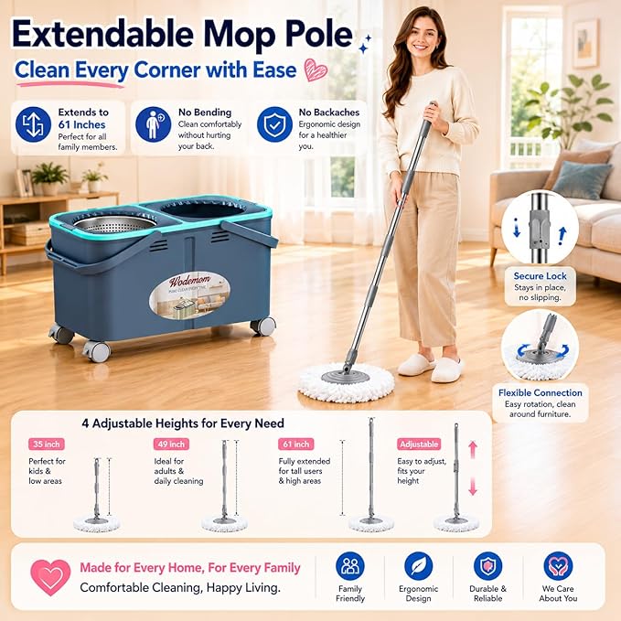 2026 Upgraded Gen 2 Spin Mop and Bucket Set with 4 Swivel Wheels for Easy Rolling, Separates Clean & Dirty Water, Floor Mop with 6 Washable Mop Heads for Wood, Tile, Vinyl, Baseboards - Grey/Blue
