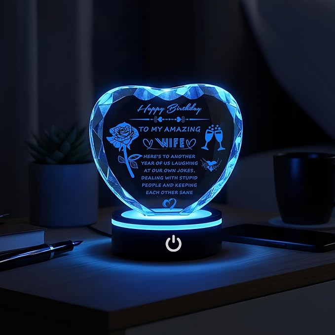 Birthday Gifts for Wife, Romantic Heart Shaped Crystal Night Light with LED Base, Wife Birthday Gift from Husband, Crystal Style Keepsake Plaque, Anniversary Valentine Christmas Gift for Her