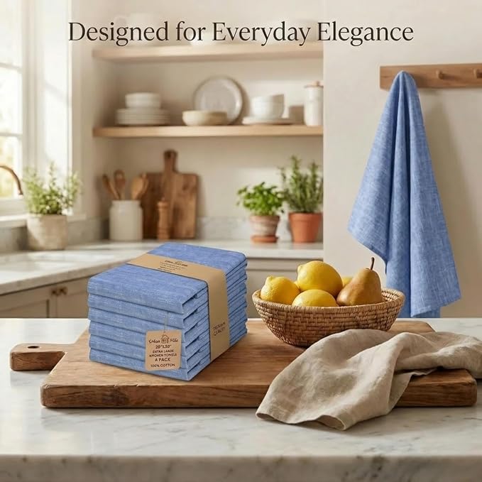Urban Villa Kitchen Towels 100% Cotton Dish Towels for Kitchen(Set of 8) 20”x30” Dish Cloths Absorbent Kitchen Linen Set with Hanging Loop Perfect for Drying Dishes Cleaning Hand Towels – Blue White
