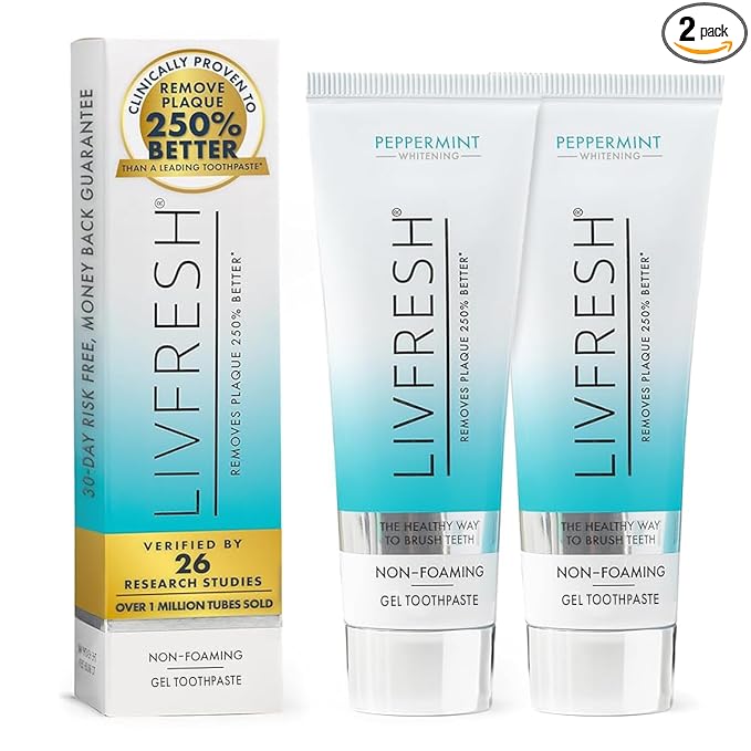 LIVFRESH Toothpaste Gel, Clinically Proven to Remove Plaque 250% Better, Improves Gum Health 190% Better, Prevents & Reduces Tartar, Freshens Breath, SLS Free Dental Gel, Peppermint, 2 Pack