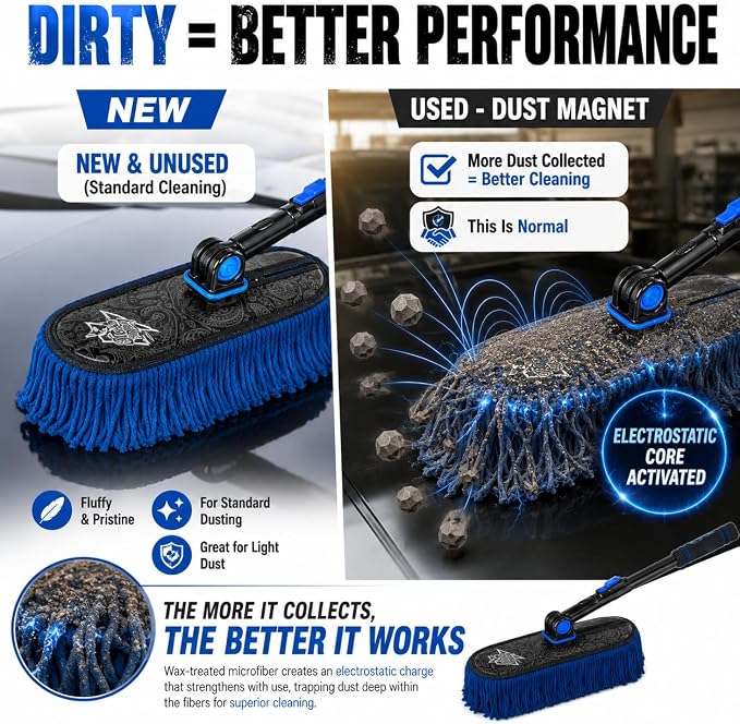 Flash Dog Waterless Car Duster - Wax Cotton Strands 360°Swivel Head & Extendable Aluminum Alloy Handle for Scratch-Free Dusting on Cars, Trucks, SUVs, RVs
