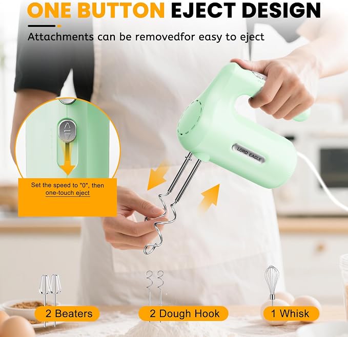 Lord Eagle 5-Speed Hand Mixer Electric, 300W Compact Handheld Mixer, Portable Kitchen Egg Beater with 5 Attachments & Storage Bag, Cake Supplies for Bread Dough Baking, Lightweight, Green