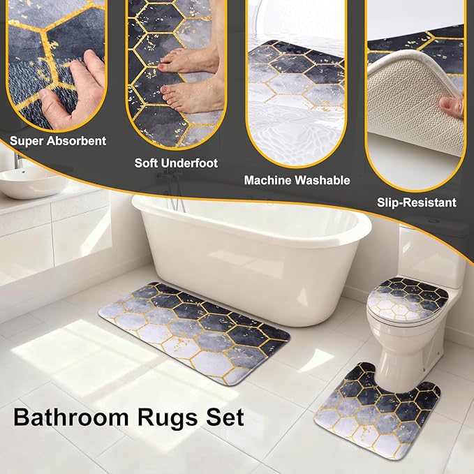 BSSN 25 Pieces Black and Gold Bathroom Accessories Set with Shower Curtain and Rugs, Trash Can, Toilet Brush, Soap Dispenser, Toothbrush Holder, Qtip Jars, Tray and Tumbler, Complete Bath Decor Set