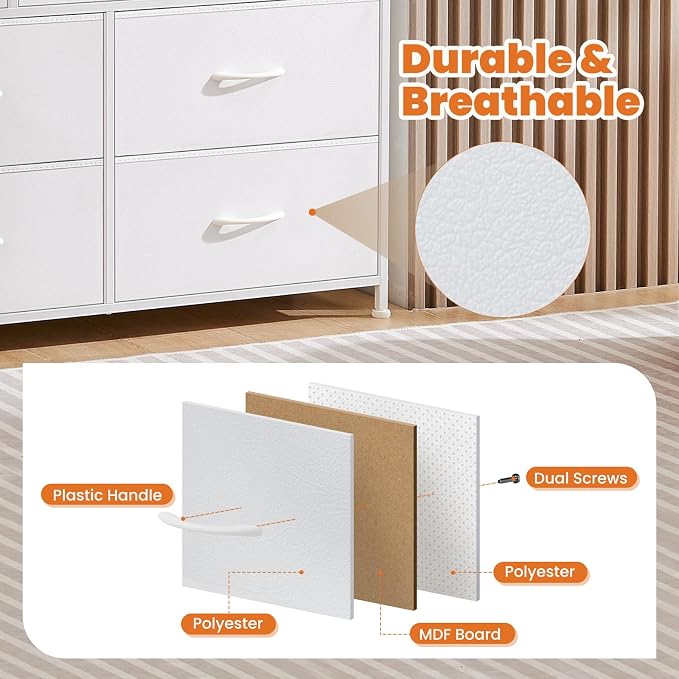 Sweetcrispy 7 Drawer Dresser Storage Organizer with Fabric Bins, White | Sturdy Steel Frame and Wood Top, Easy Pull Handles, for Bedroom Closet Hallway Entryway