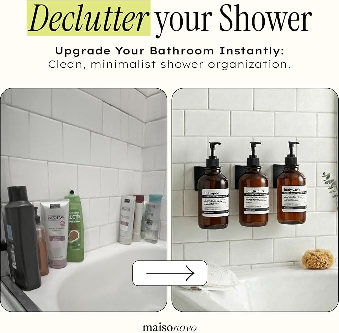 Shampoo and Conditioner Dispenser Wall Mounted Set of 3 Amber Black - No Drill Shower Soap Dispenser for Bathroom Refillable - Spa Hotel Style Accessories by MaisoNovo