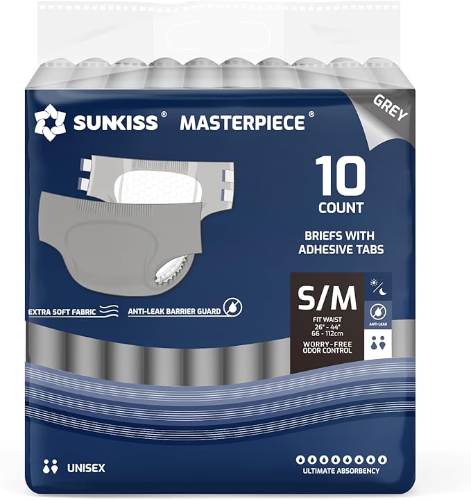 SUNKISS Masterpiece Adult Diapers with Tabs, Unisex Disposable Incontinence Briefs for Women and Men, Odor Control, Grey, S/M, 10 Count