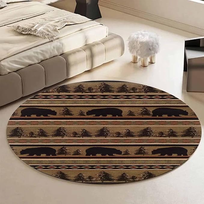 Bear Cabin Round Area Rug 4ft for Dining Room Non-Slip Village Lodge Cabin Bear Circular Rugs Home Decor Luxury Southwestern Country Wildlife Style Large Carpets