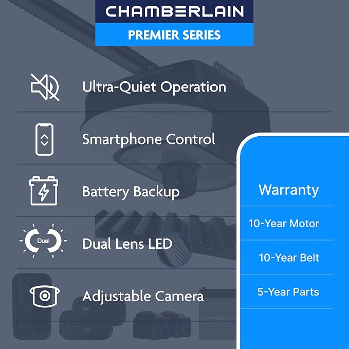 Chamberlain Belt Drive myQ Garage Door Opener, 1-1/4HP, Adjustable Camera | Ultra-quiet, myQ comptatible, Includes: 2 remotes, wall control, battery backup & safety sensors, 10-year motor warranty