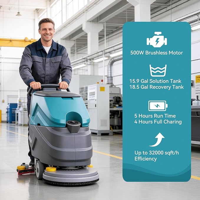 Walk Behind Commercial Floor Scrubber Machine, 22" Rotary Disc Brush, 31.5" Squeegee Width, 18.5-gal Sewage Tank, 15.9-Clear Water Tank,32000 sqft/h, High Efficiency for Large Areas
