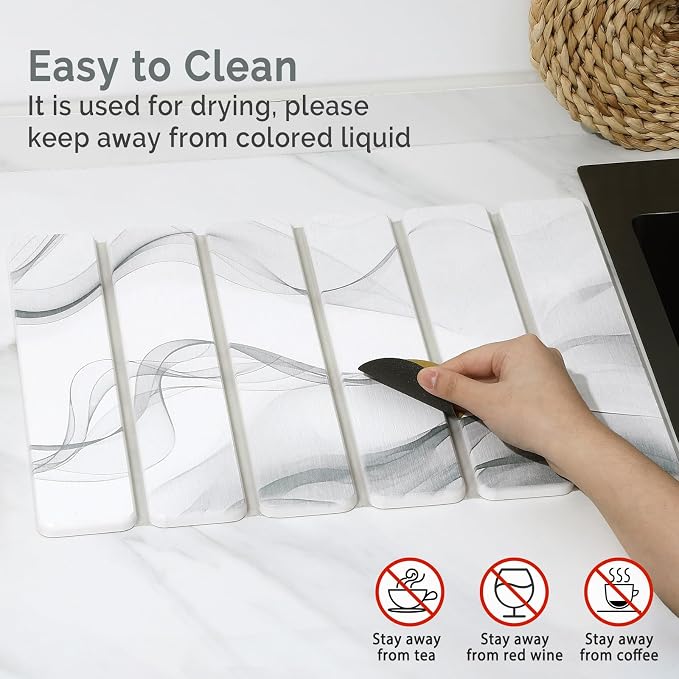 Small Stone Dish Drying Mat for Kitchen Counter, 2 PCS 16"×12" & 8"x4" Quick Dry Stone Mats, Foldable Water Absorbing Diatomaceous Earth Drying Dish Pad for Countertop Bottle Utensil Cup(White Gray)