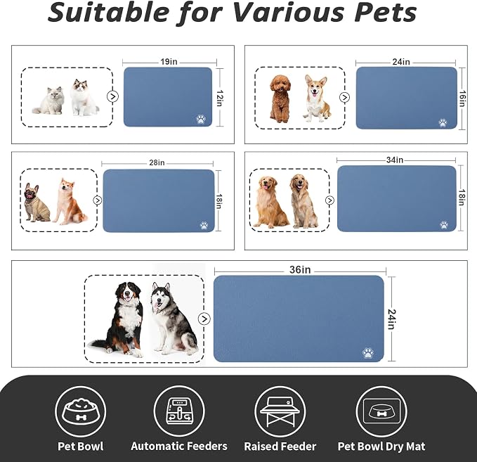 HotLive Dog Food Mat - Absorbent Cat Mat for Food and Water, No Stains Pet Feeding Bowl Mat, Easy to Clean Pet Placemats, Quick Dry Dog Water Dispenser Mat for Messy Drinkers | Paw Blue 16"x 24"