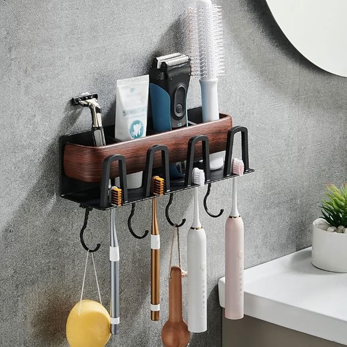 Toothbrush Rack Wall Mounted Wood Grain Toothbrush Holder Multifunctional Storage Rack Bathroom Toothpaste Holder with Hook Accessories Bathroom Toothbrush Holder(Large)